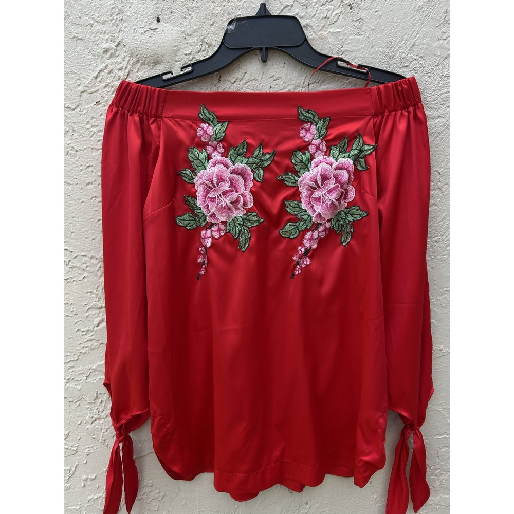 Mango Red Off The Shoulder Floral Embroidered Satin Blouse Tie Cuff Size Small